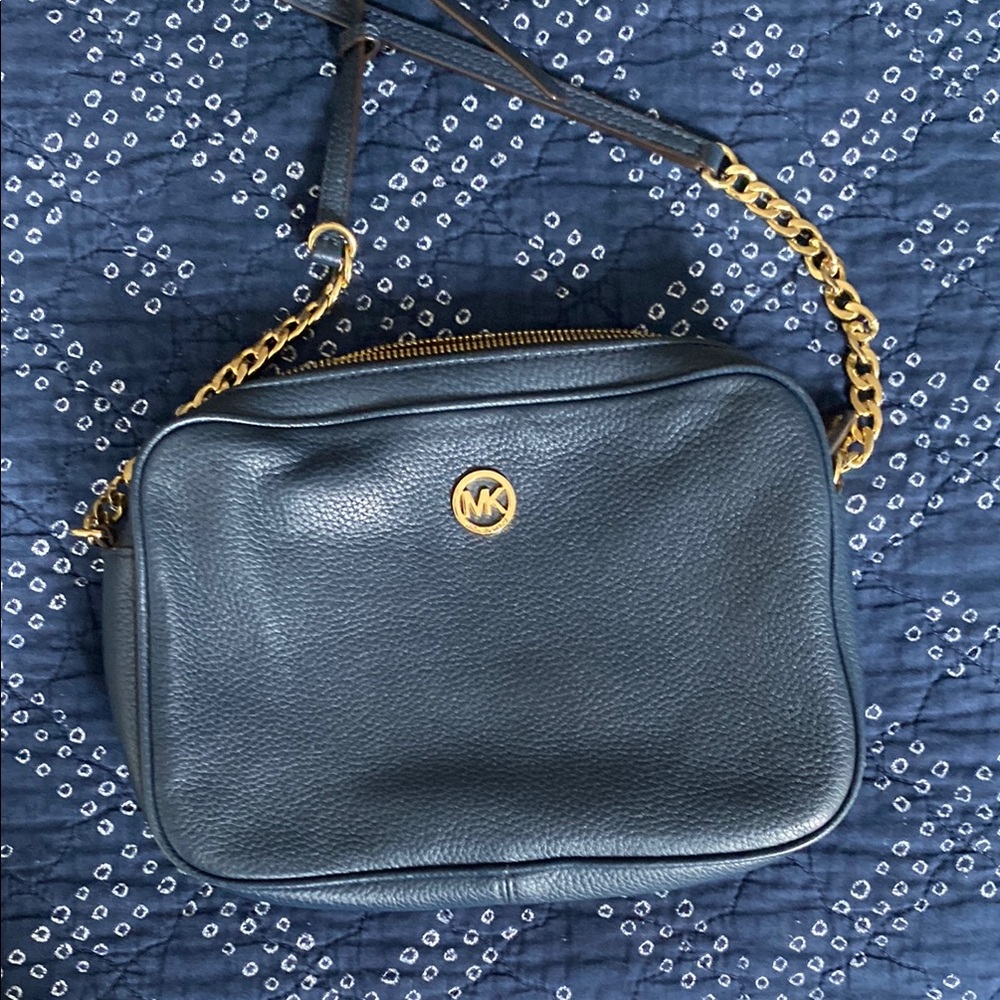 Michael Kors Navy Blue Leather Crossbody Bag with Gold Chain Hardware